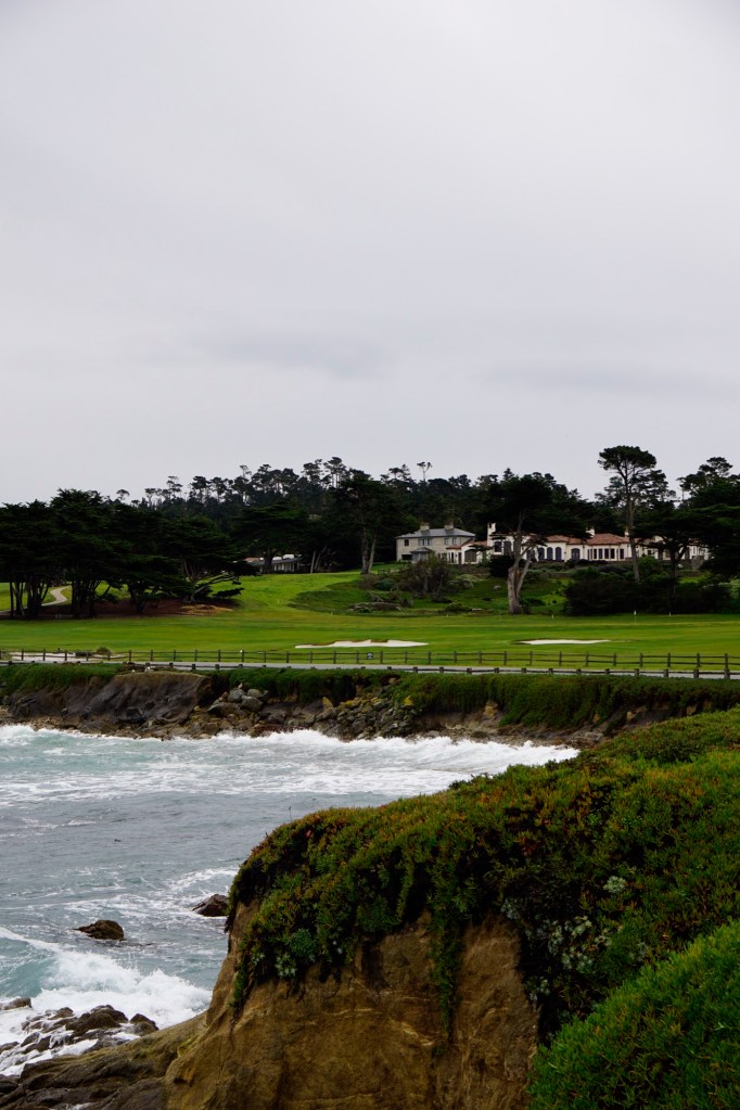 Coastal view with a rocky shoreline, waves crashing, and a green lawn featuring trees and luxurious homes in the background under a cloudy sky.